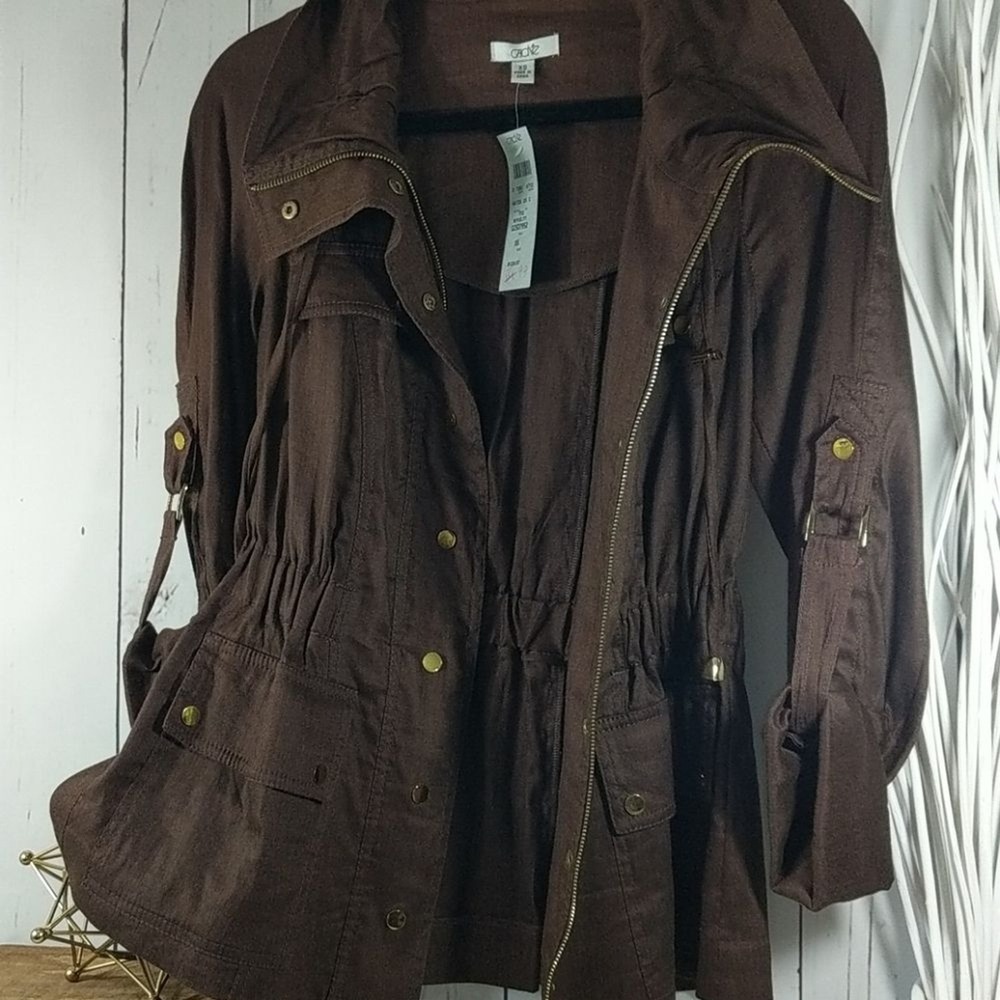 Cache Brown Linen Lightweight Spring Jacket Gold XS Quiet Luxury Old Money NWT‎